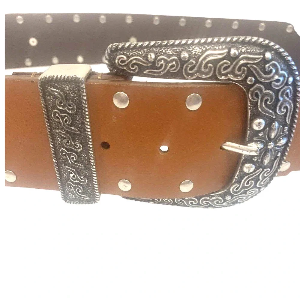 Chico's Brown Leather Belt with Ornate Silver-Tone Buckle and Studs